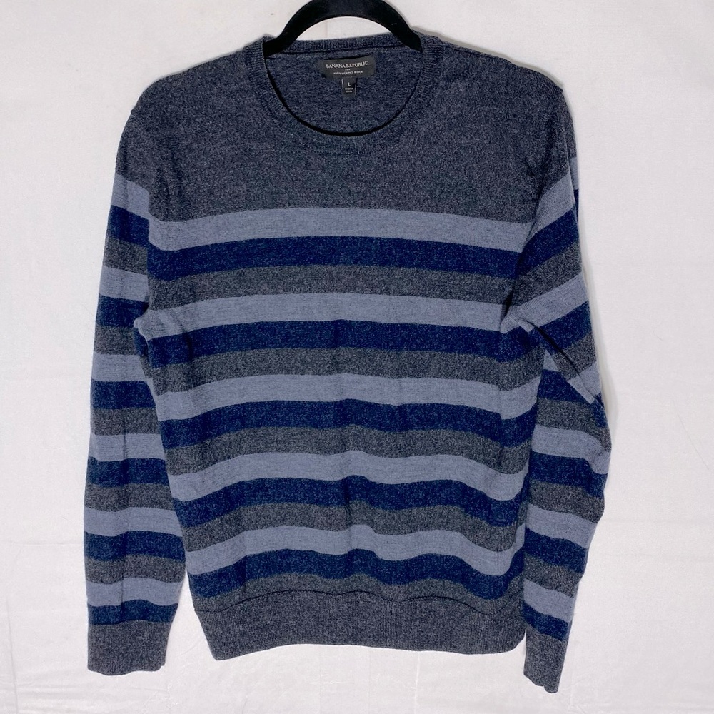 Banana Republic Blue Grey Striped Crewneck Merino Wool Knit Sweater L